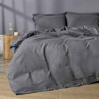 Washed Cotton Solid Duvet Cover Button