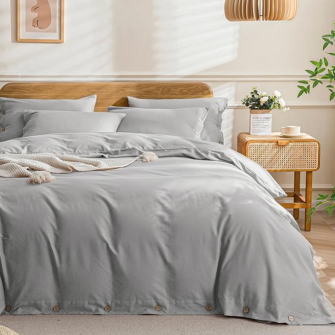 Washed Cotton Solid Duvet Cover Button