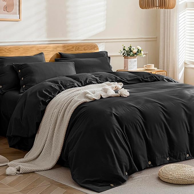 Washed Cotton Solid Duvet Cover Button